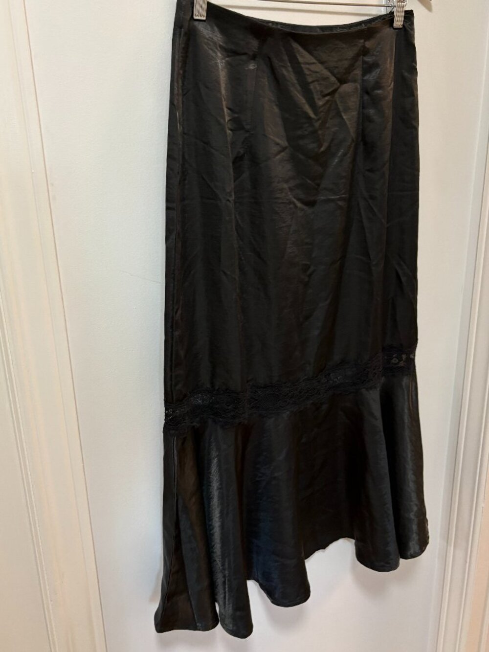 Black Silky Lace Ruffle Midi Skirt Gothic Romantic Witchy Boho Size M Adiva